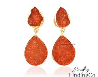 Handmade Agate Druzy Earrings: Gold Plated Teardrop Gemstone Jewelry