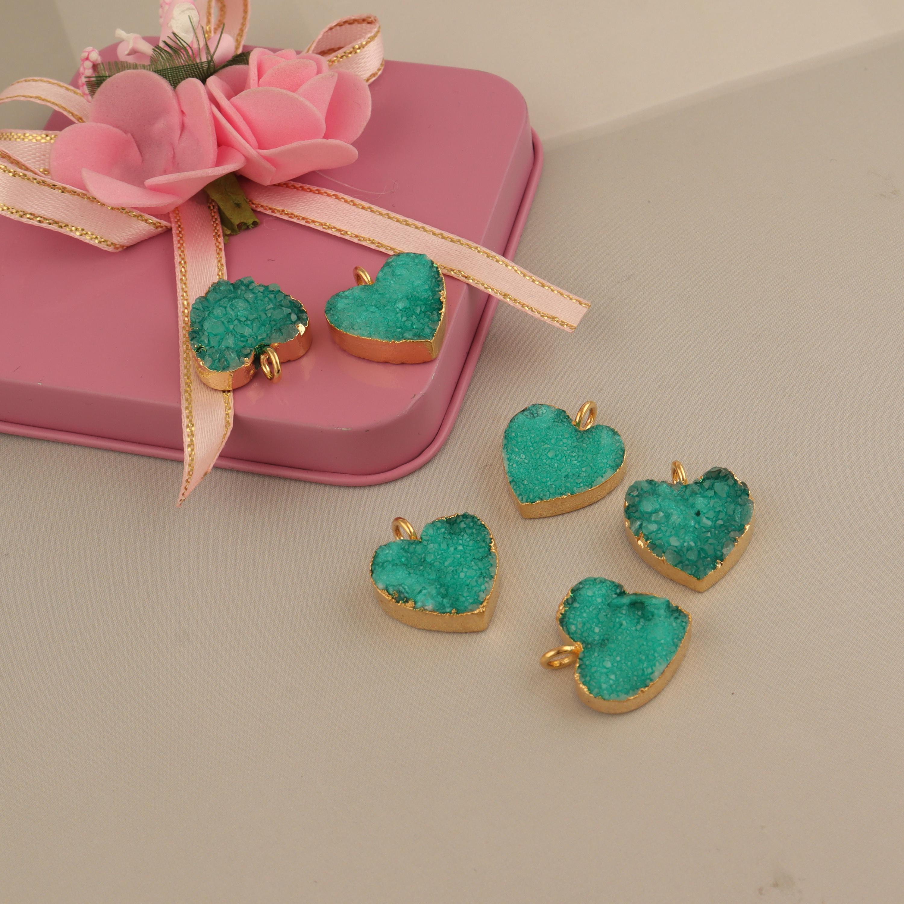 Green Druzy Heart Connectors: 18k Gold Electroplated Agate Pendants