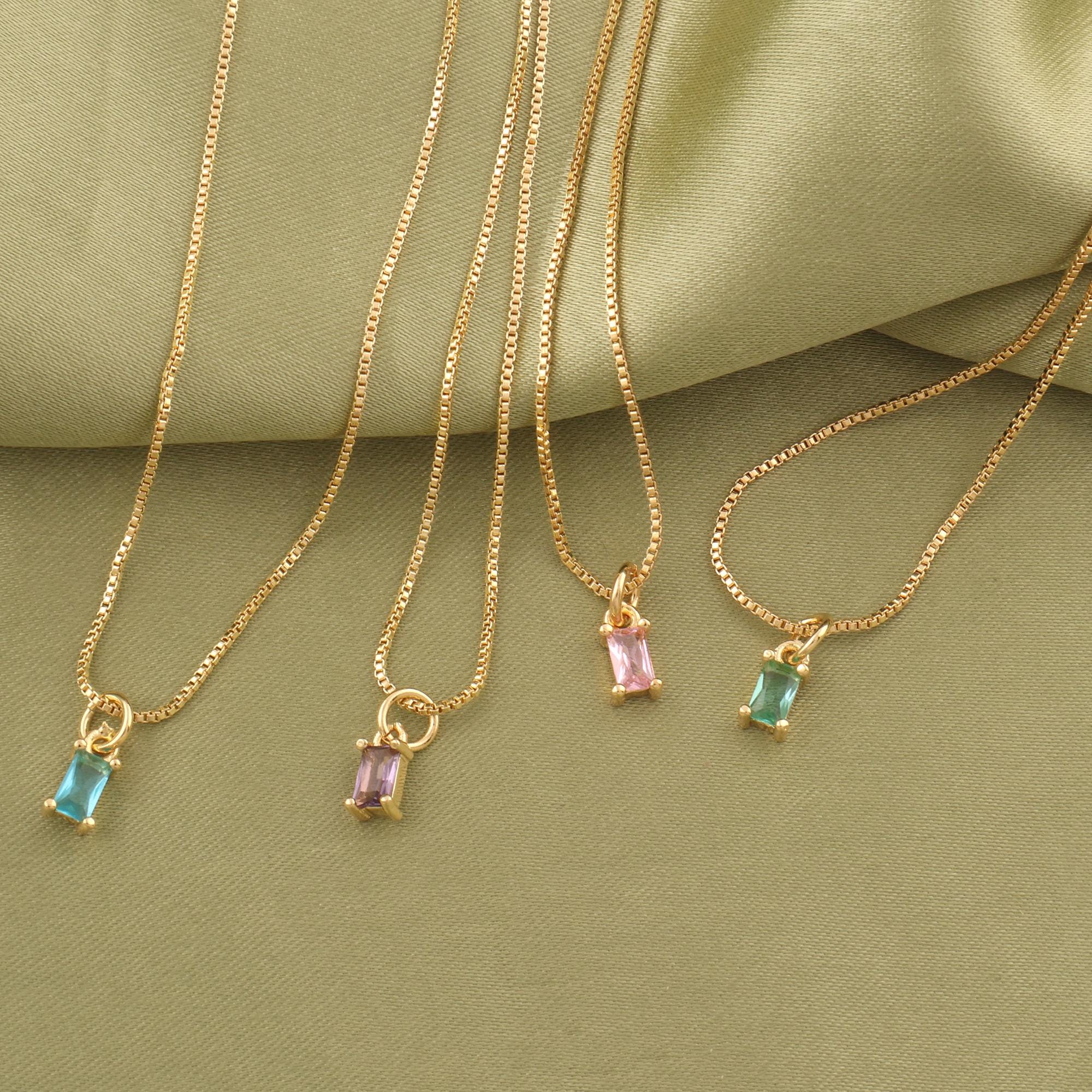 Minimalist Crystal Pendant Necklace 18k Gold Plated Chain with Baguette Birthstone
