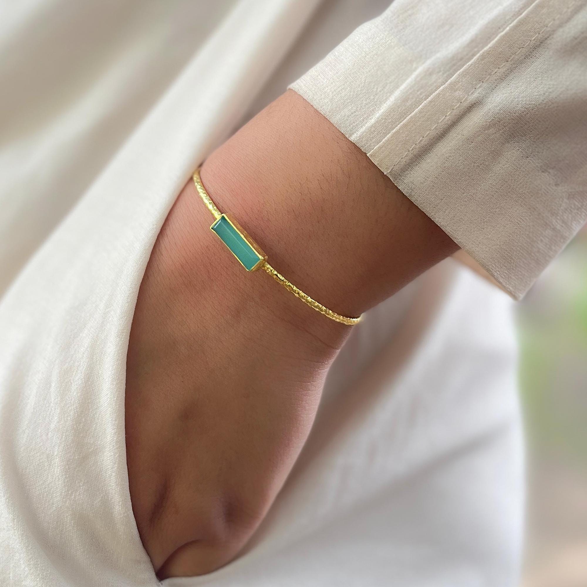 Bar Aqua Chalcedony Gold Plated Cuff Bracelet - Minimalist Textured Thin Band Brass Adjustable Bangle
