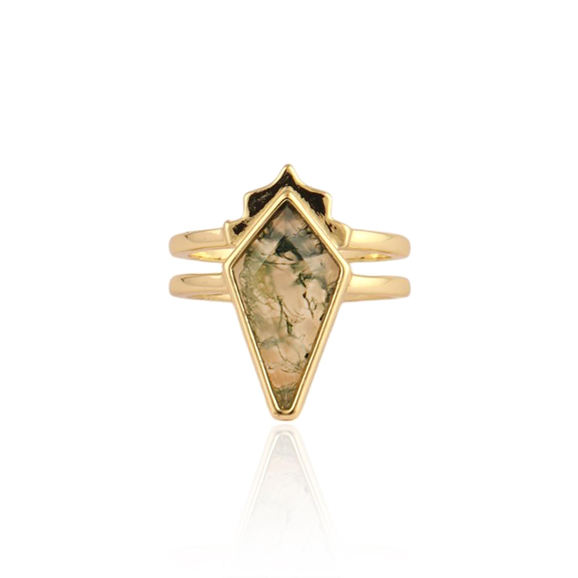 Elegant Kite Moss Agate Ring: 18k Gold Plated Brass
