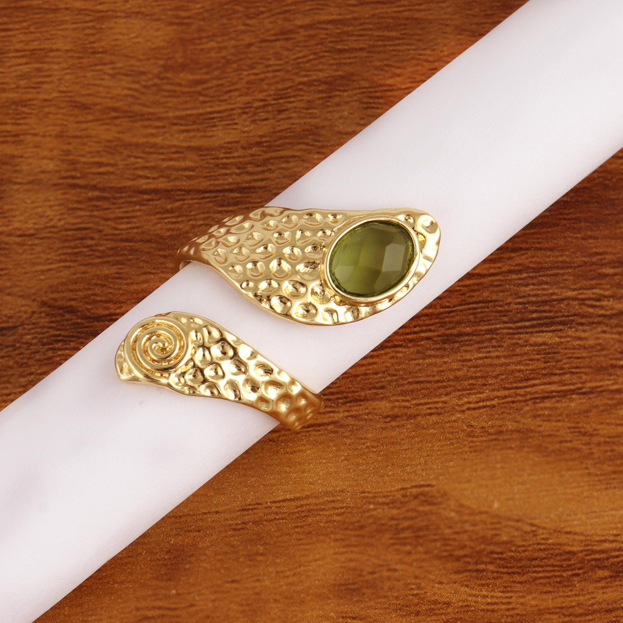 Gold Snake Ring: Synthetic Moldavite Gemstone, Adjustable Statement Ring