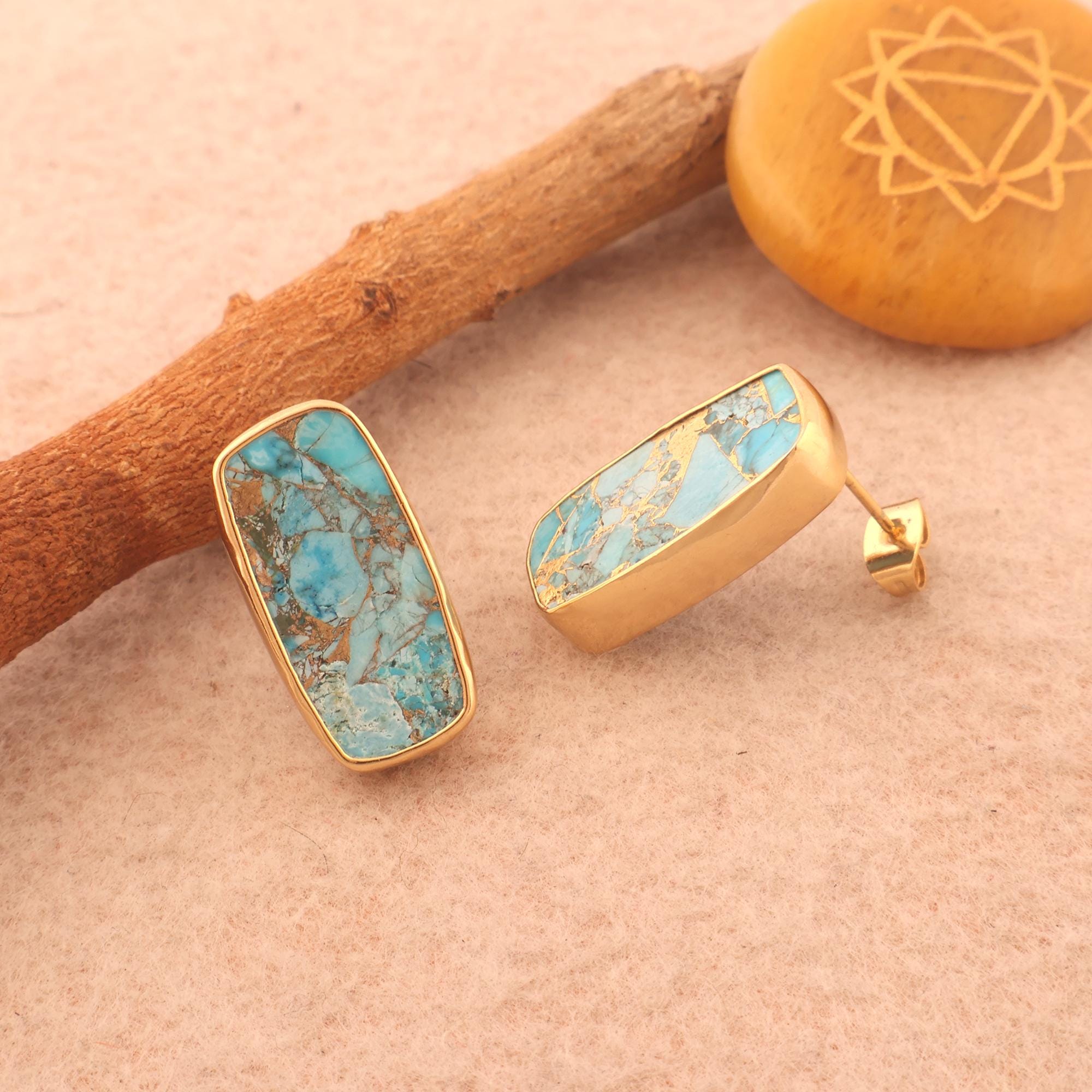 Blue Copper Turquoise Stud Earrings: 18k Gold Plated Bohemian Jewelry
