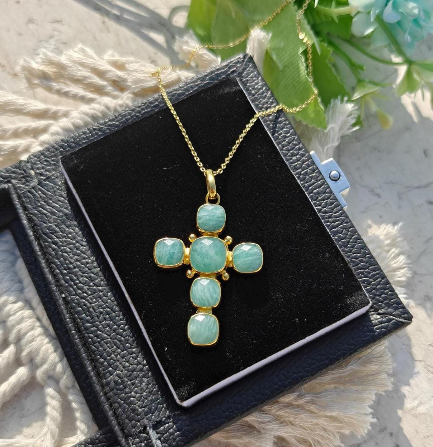 Natural Amazonite Cushion Shape Gemstone Pendant: 18k Gold Plated Cross Charm Necklace Jewelry