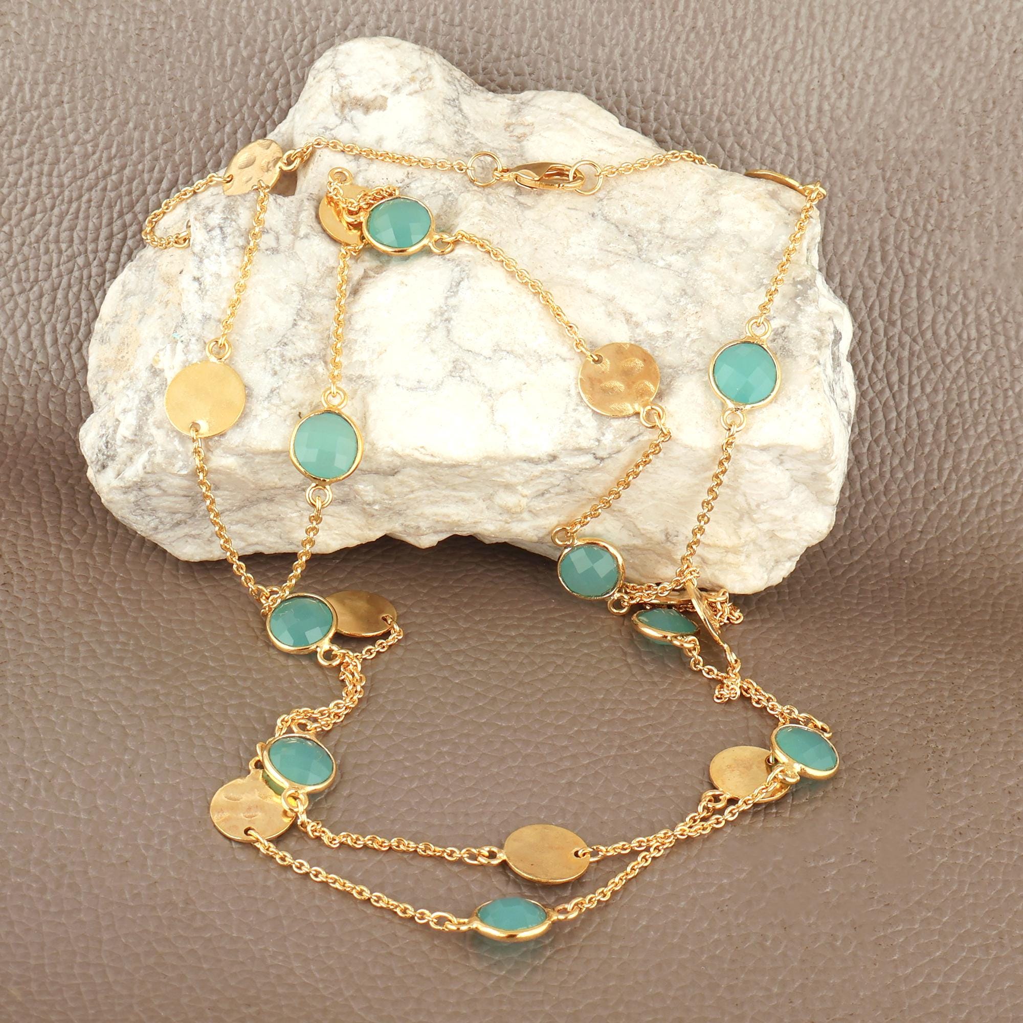 Gold Coin Chain Necklace with Multi Stone Options: Layered Boho Statement Necklace