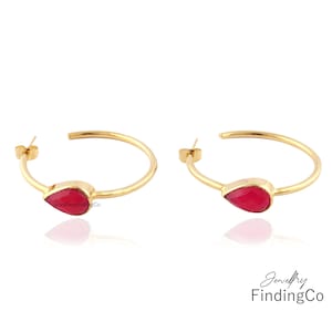 Neon Pink Chalcedony Hoop Earrings - Gold Plated Teardrop Gemstone