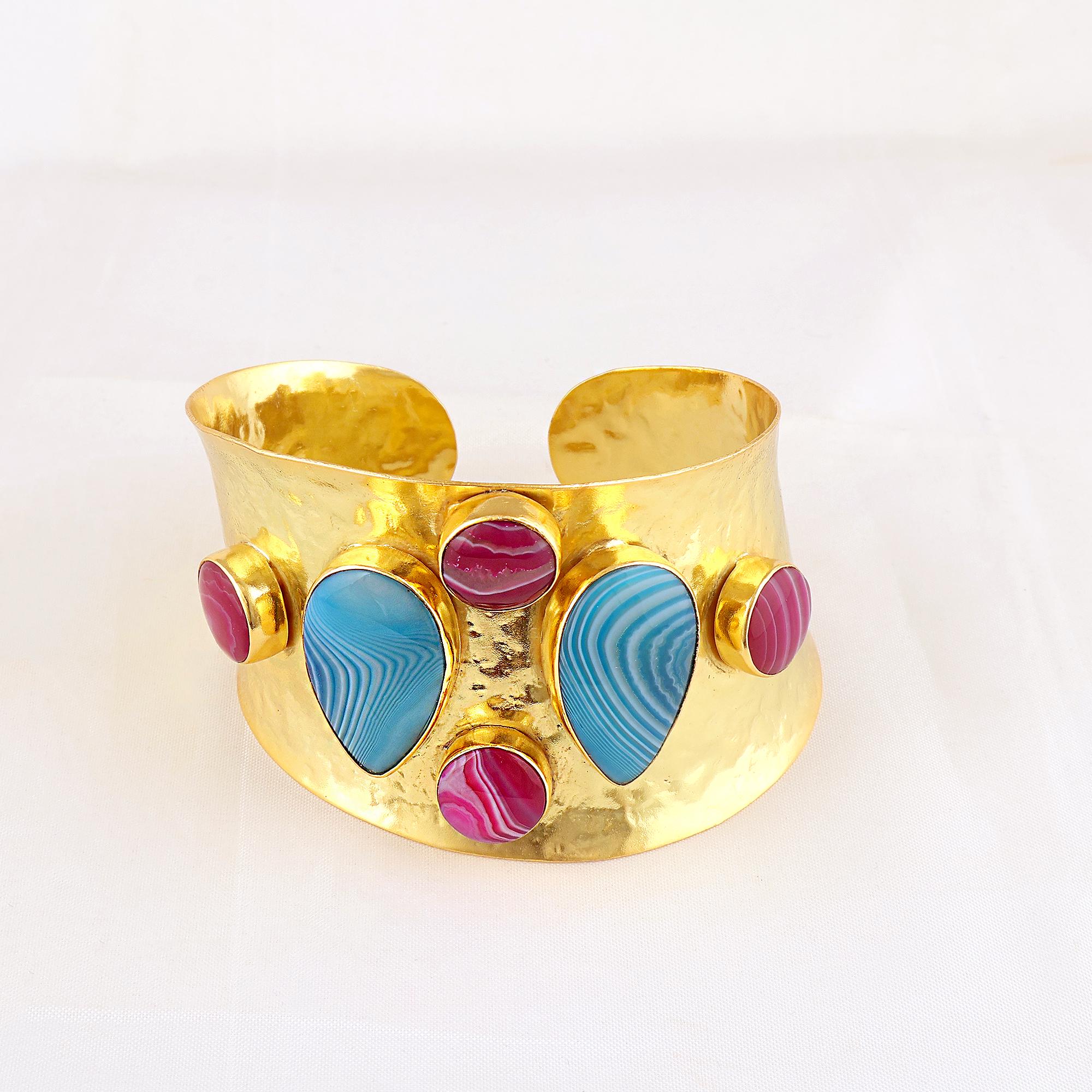 Blue & Pink Banded Agate Wide Cuff Bracelet – Hammered Gold Plated Brass Statement Bangle