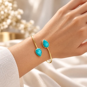 Gold Plated Cuff Bangle: Dual Turquoise Teardrop Boho Bracelet