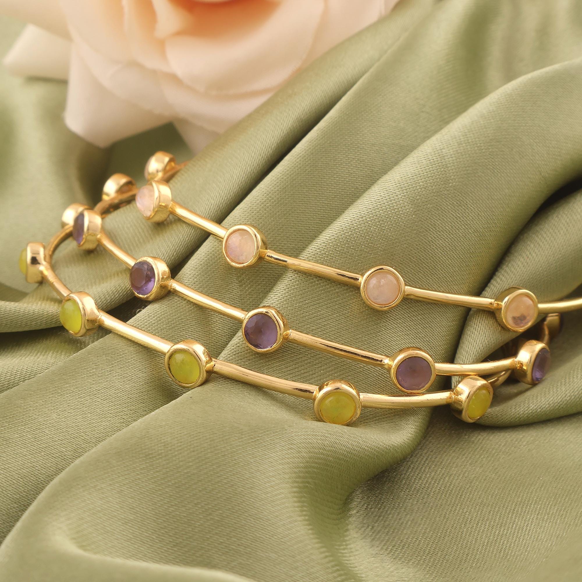 Round Shape Rainbow Moonstone Multi Gemstone Gold-Plated Open Bangle - Minimalist Bracelet for Her