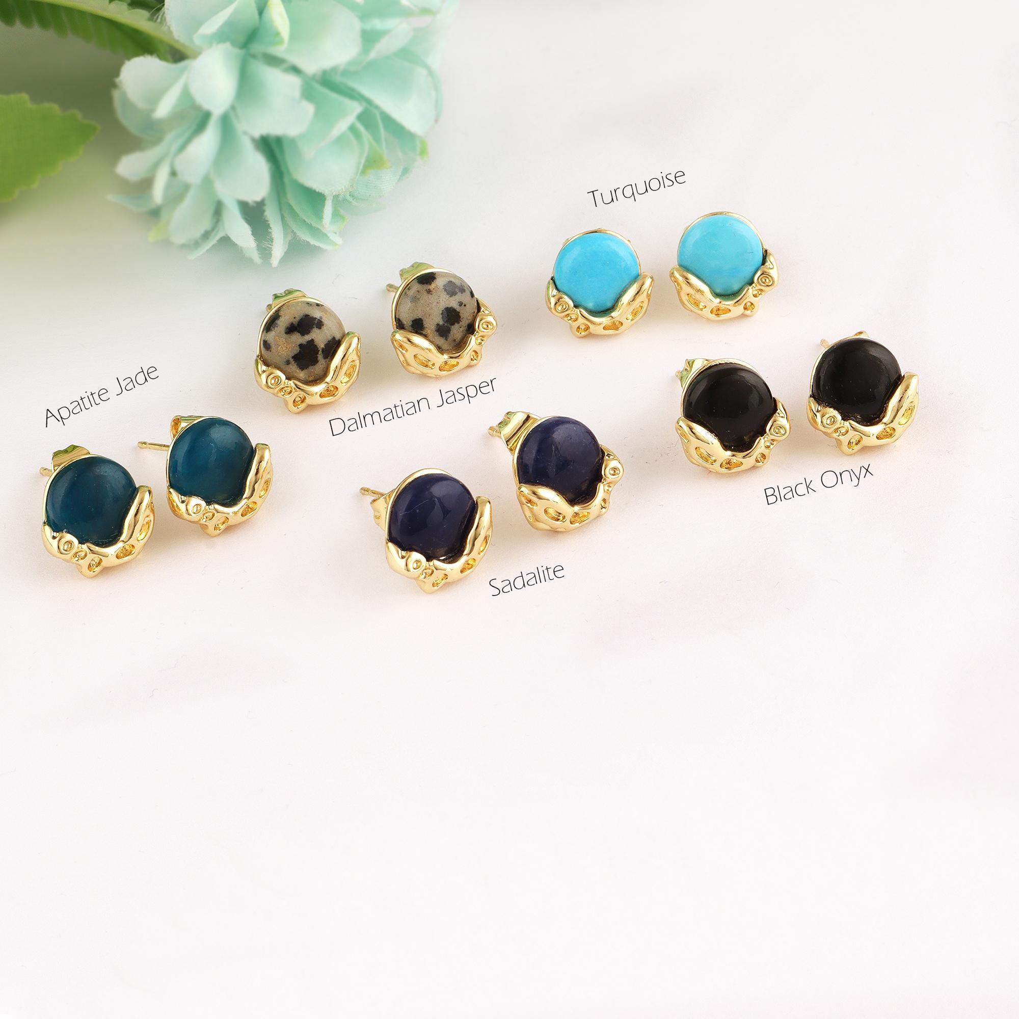 Round Shape Gold Plated Gemstone Stud Earrings - Designer Minimalist Studs