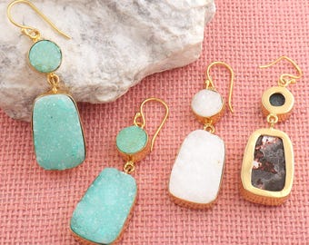 Sugar Druzy Drop Earrings: Gold Plated Aqua Green Crystal Druzy Boho Gemstone Jewelry