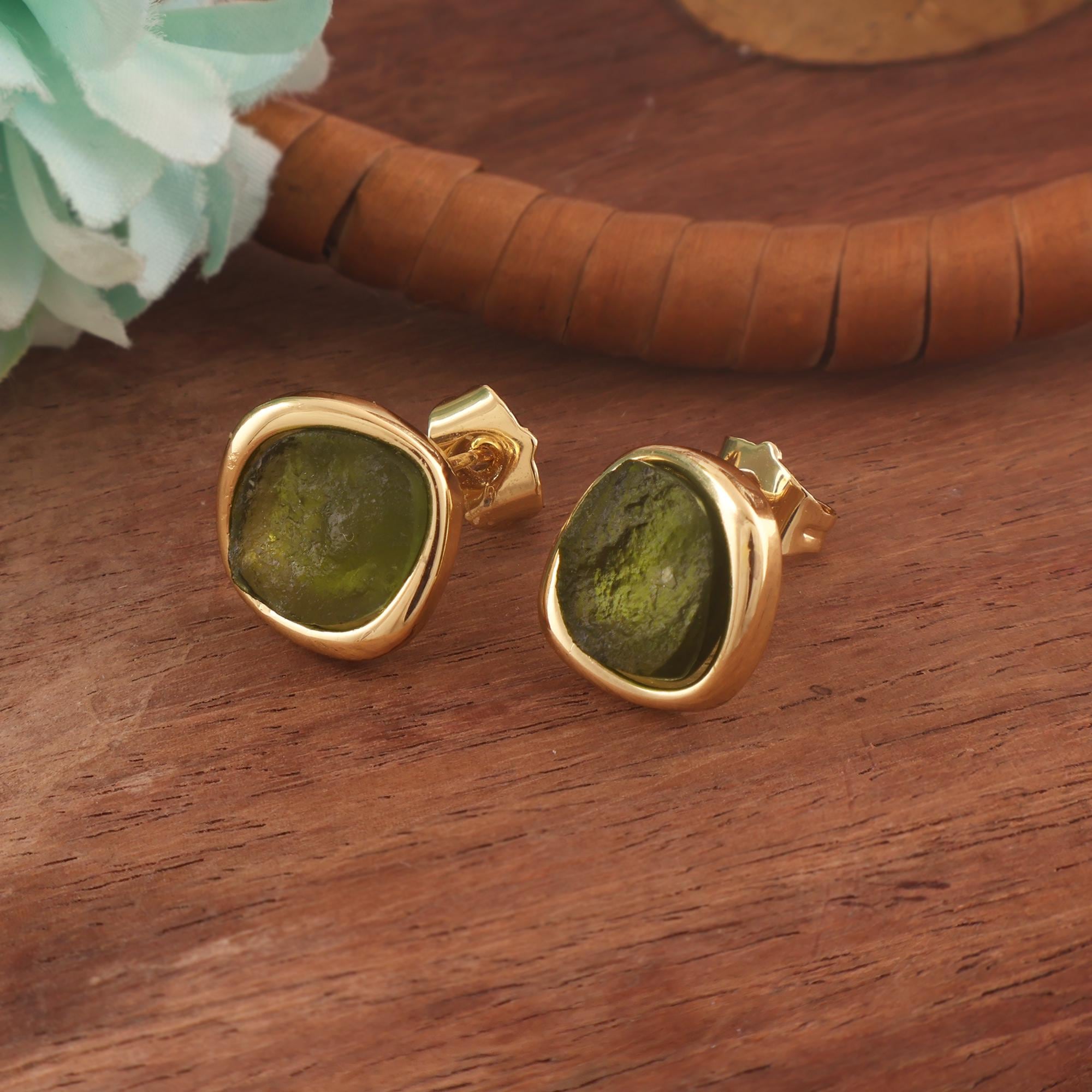 Natural Moldavite Stud Earrings: 18k Gold Plated, Green Raw Gemstone