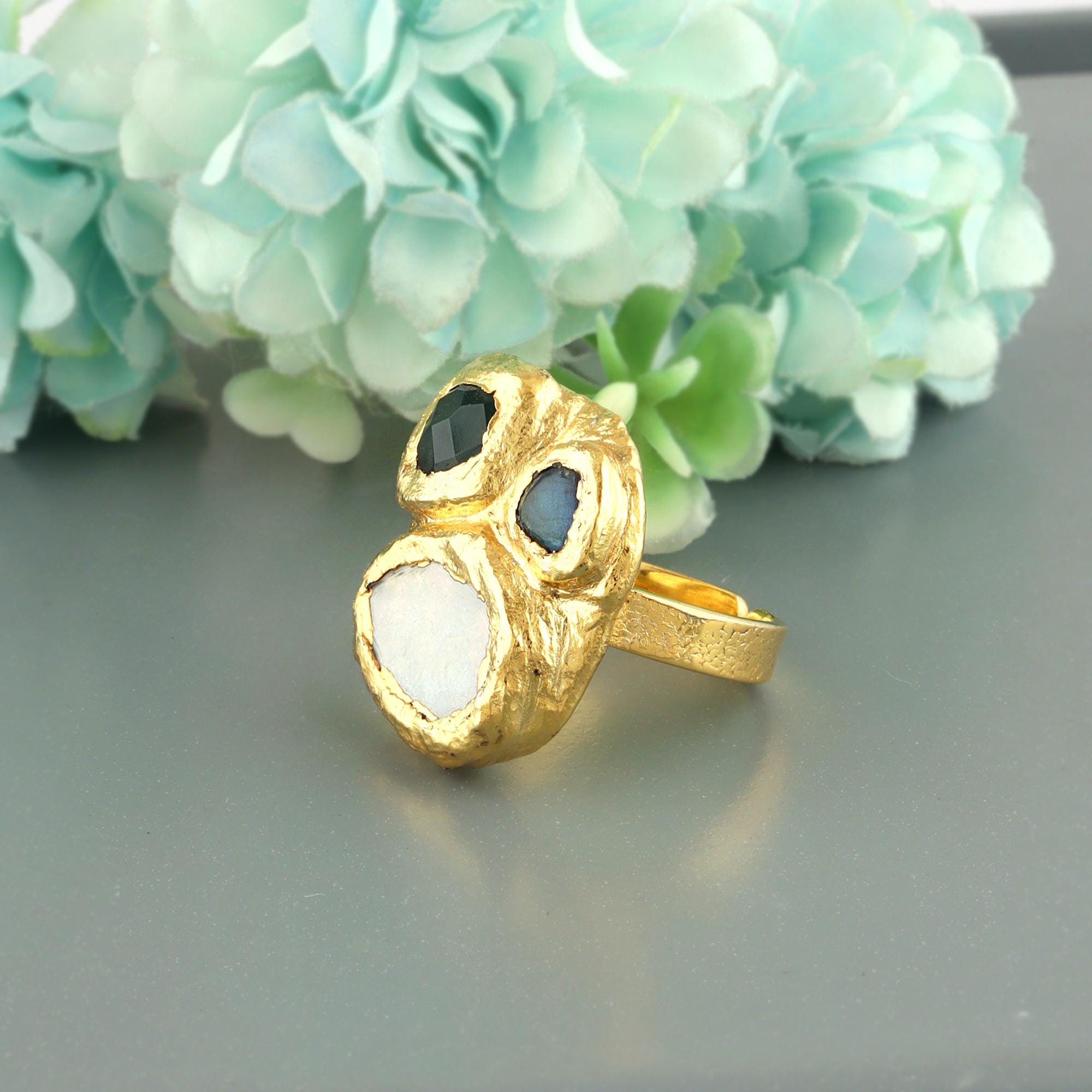 Organic Triple Gemstone Statement Ring: Moonstone Labradorite and Green Onyx