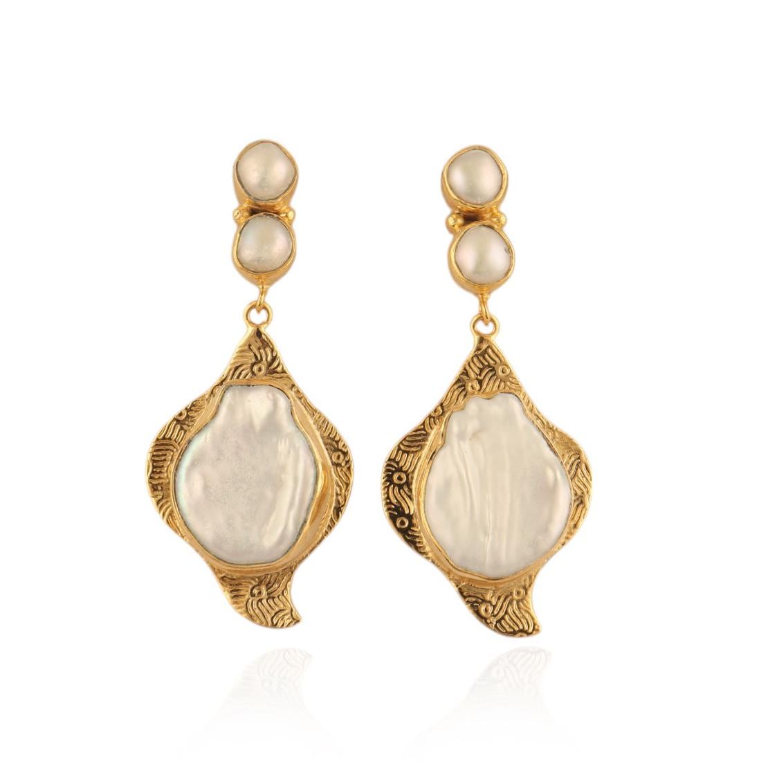 Gold Plated Freshwater Pearl Dangle Earrings: Bridal Jewelry