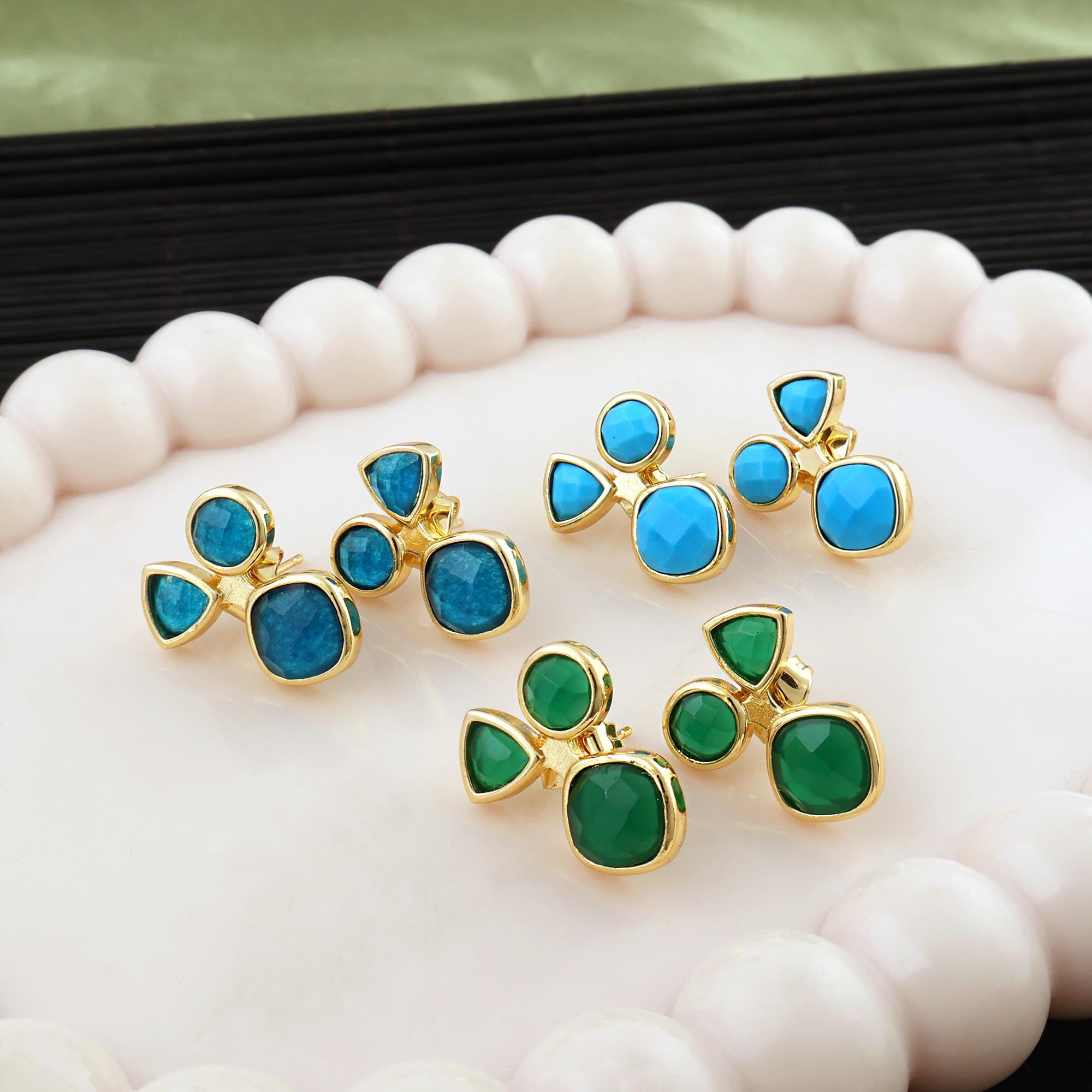 Multi Gemstone Statement Studs: Turquoise, Green Onyx