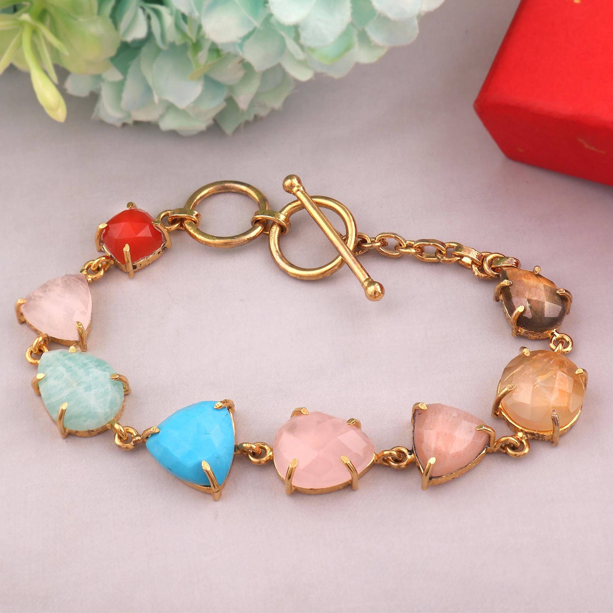Multi Natural Gemstone Bracelet - 18k Gold Plated Toggle Clasp Hand Jewelry