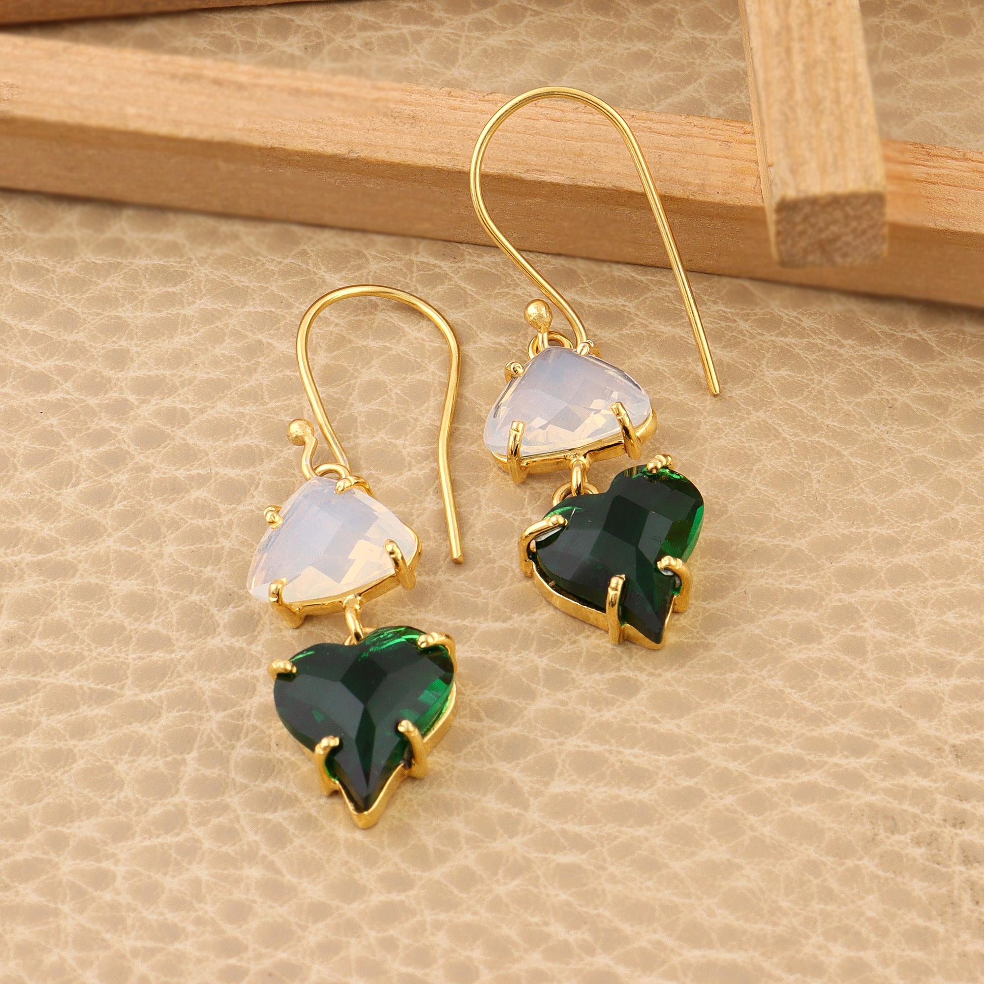 Opalite and Emerald Quartz Drop Earrings – Handmade Brass Gold Plated Heart Shaped Danglers
