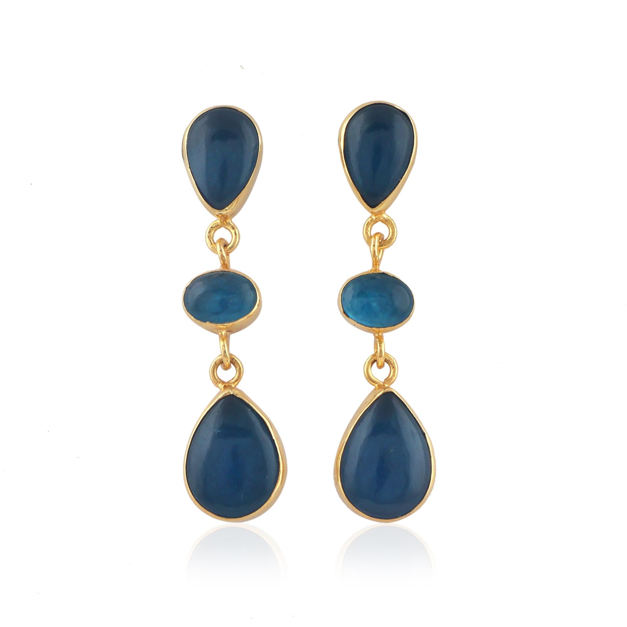Apatite Jade 18k Gold Plated Handmade Drop Earrings - Teardrop Gemstone Dangles
