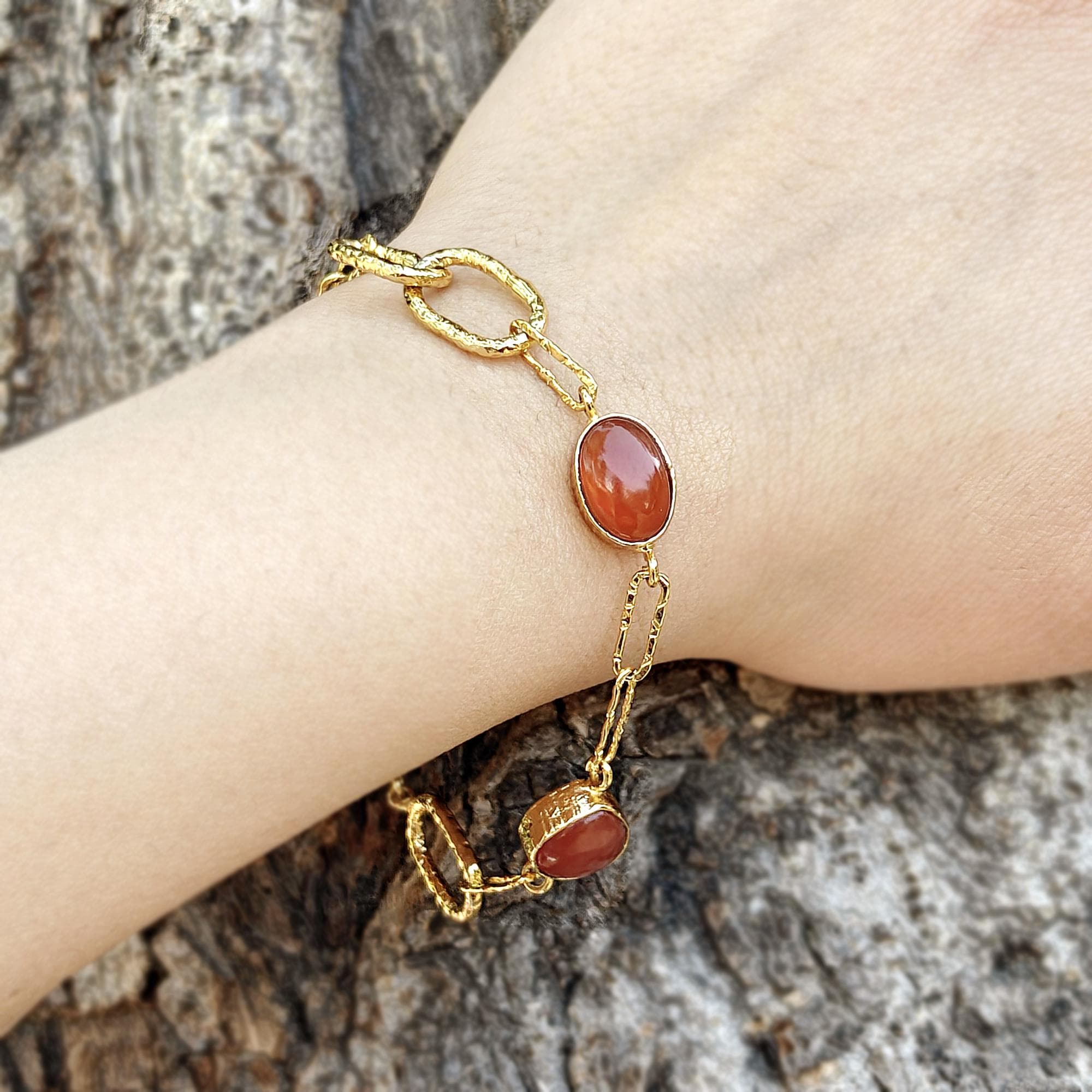 Gold Plated Carnelian Bracelet: Bezel Set Paperclip Link Layering Carnelian Gemstone Jewelry