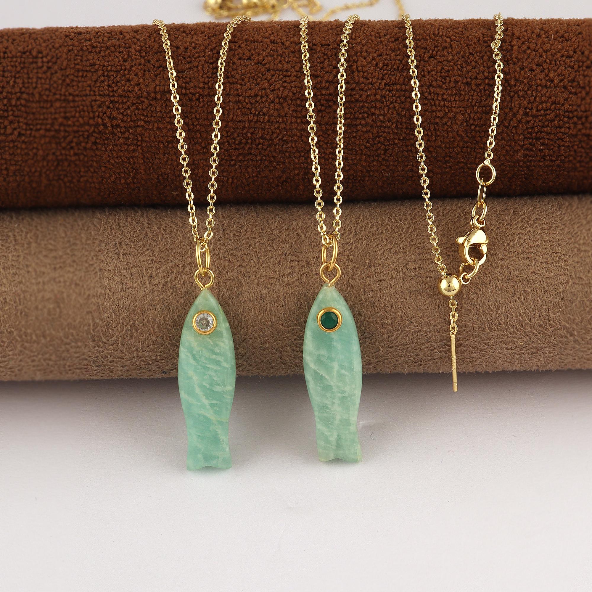 Amazonite Fish Necklace: 18k Gold Plated Gemstone Pendant