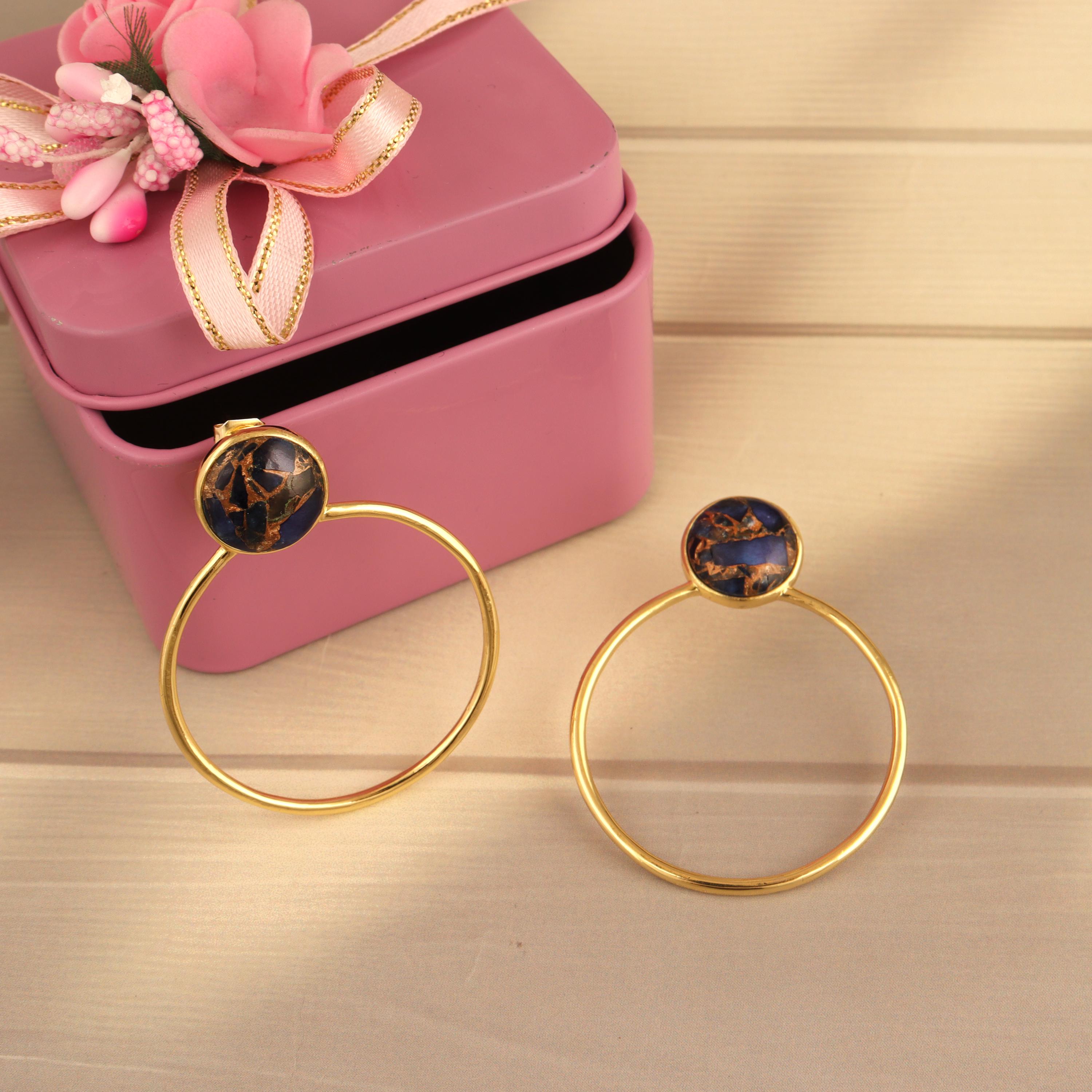 Gold-Plated Turquoise Sapphire Hoop Earrings: Handmade Round Drop Hoops