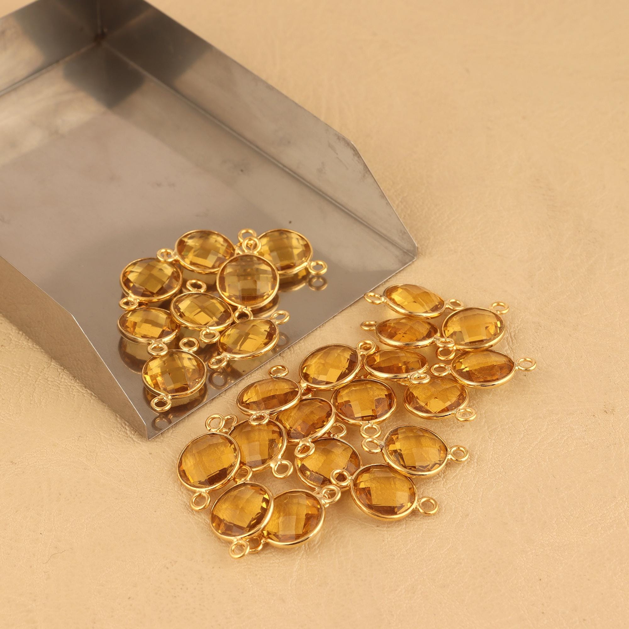 Citrine Bezel Connectors: Gold Plated Round Gemstone Links