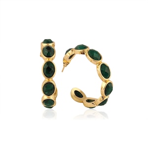 18k Gold-Plated Emerald Hoop Earrings: Dainty Oval Gemstone Studs