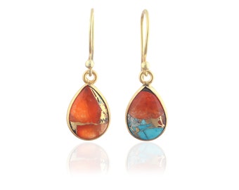 Boucles D'oreilles Larme Cuivre Turquoise Plaqué Or 18 Carats
