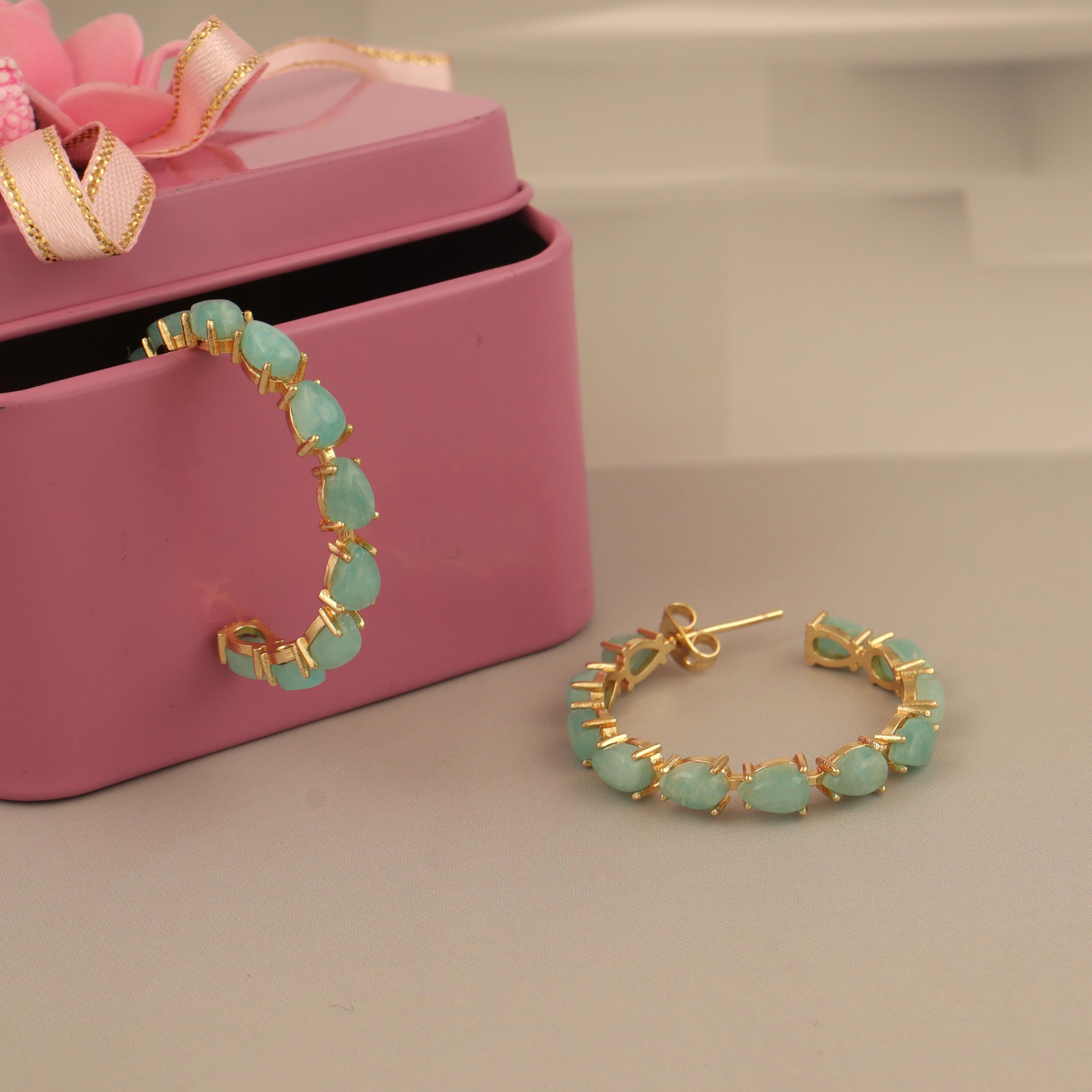 Amazonite Hoop Earrings: 18k Gold-Plated Brass Studs