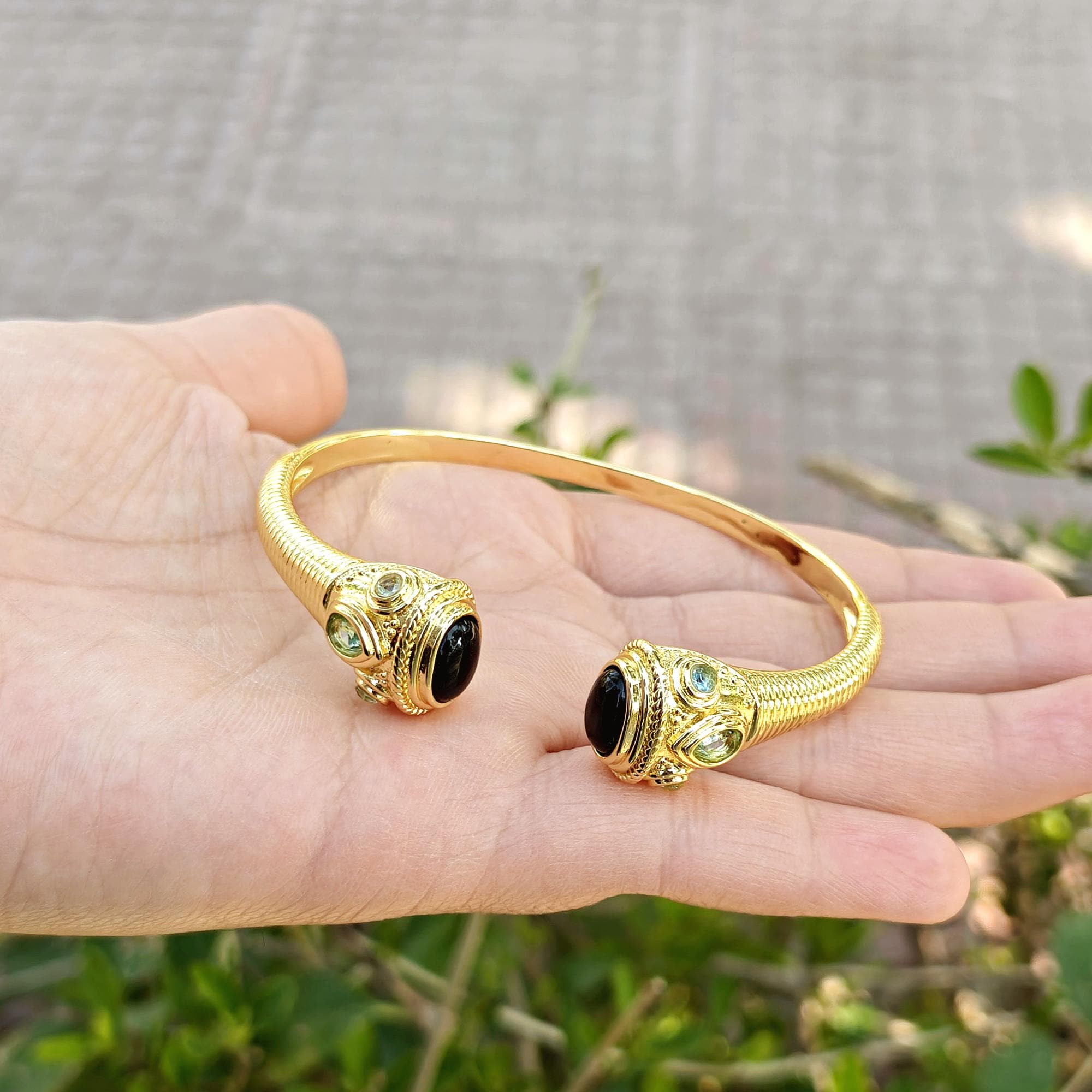Gold Plated Black Onyx Brass Cuff Bracelet: Adjustable Tribal Textured Statement Ethnic Jewelry