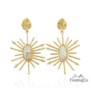 Gold Plated Sunburst Earrings: Natural Pearl Bridal Jewelry