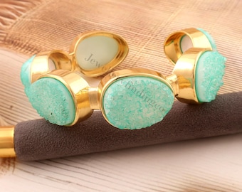 Lite Green Sugar Druzy Cuff Bracelet - 18k Gold Plated Brass Bangle, Vintage Style