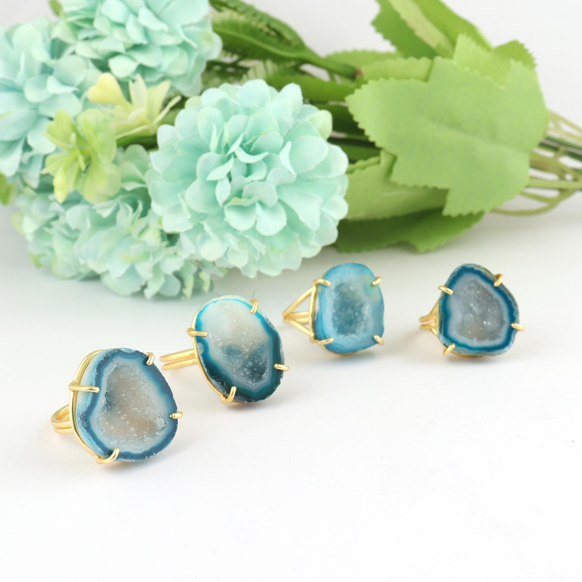 18k Gold Plated Druzy Geode Ring: Adjustable Quartz Gemstone