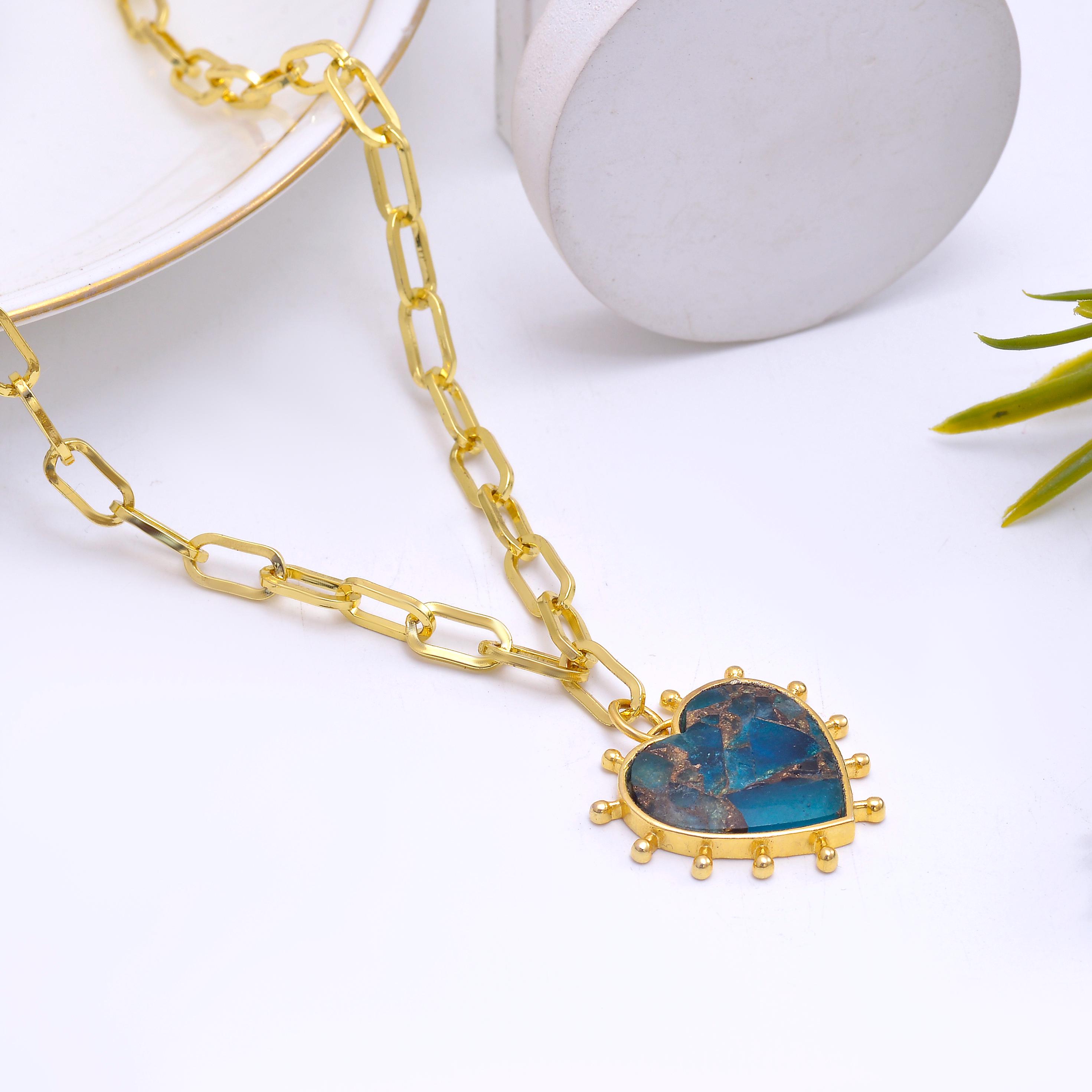 Mohave Apatite Copper Turquoise Heart Necklace: Gold Plated Paperclip Chain