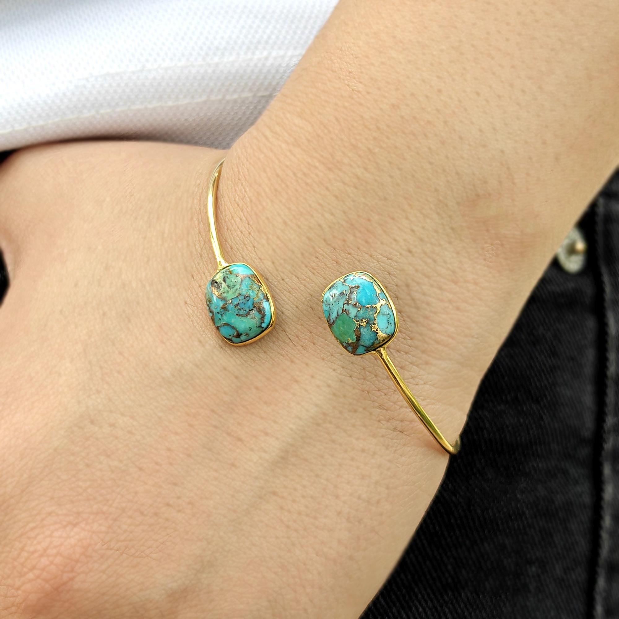 Blue Copper Turquoise Cuff Bracelet: Gold Plated Open Bangle