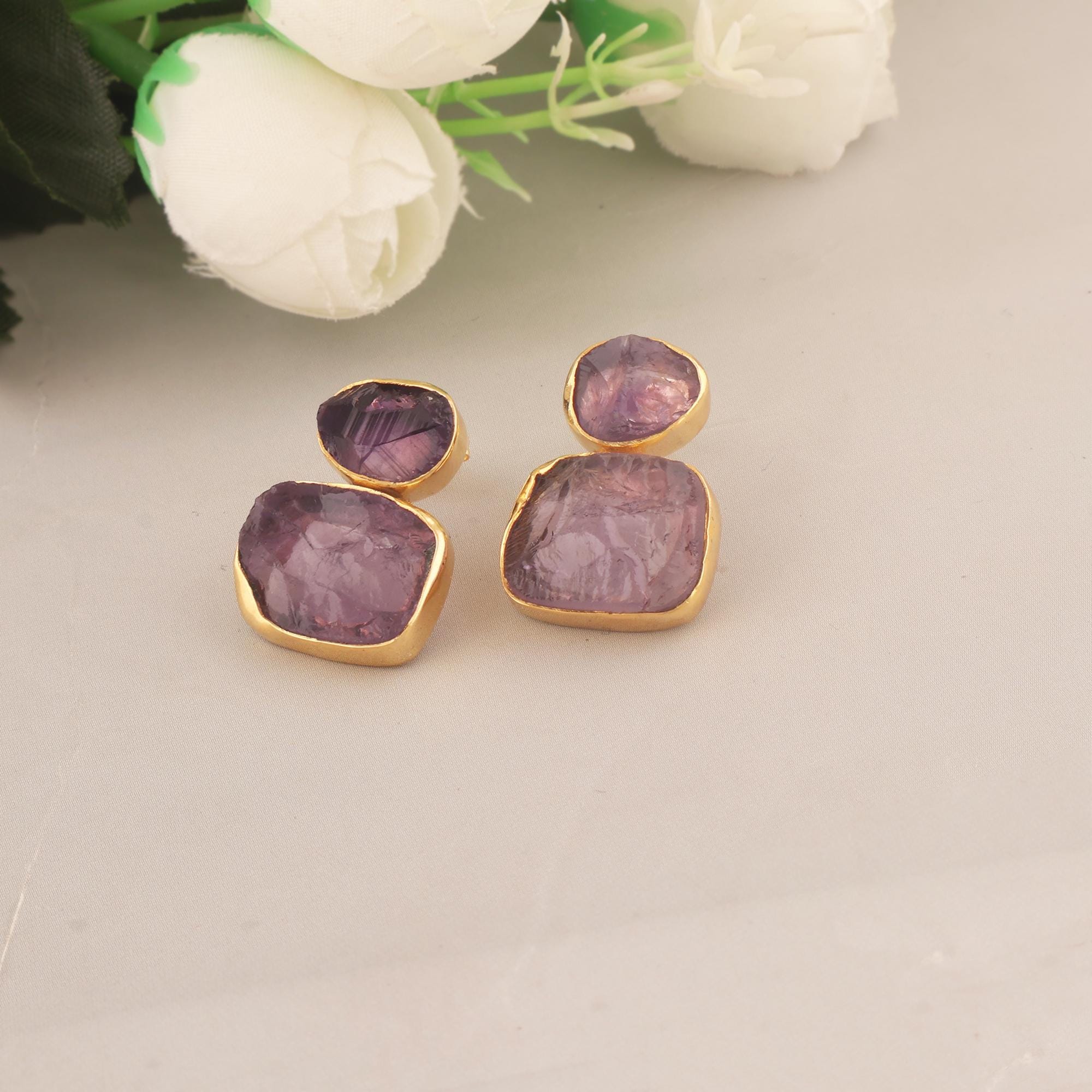 18k Gold Plated Raw Stone Stud Earrings