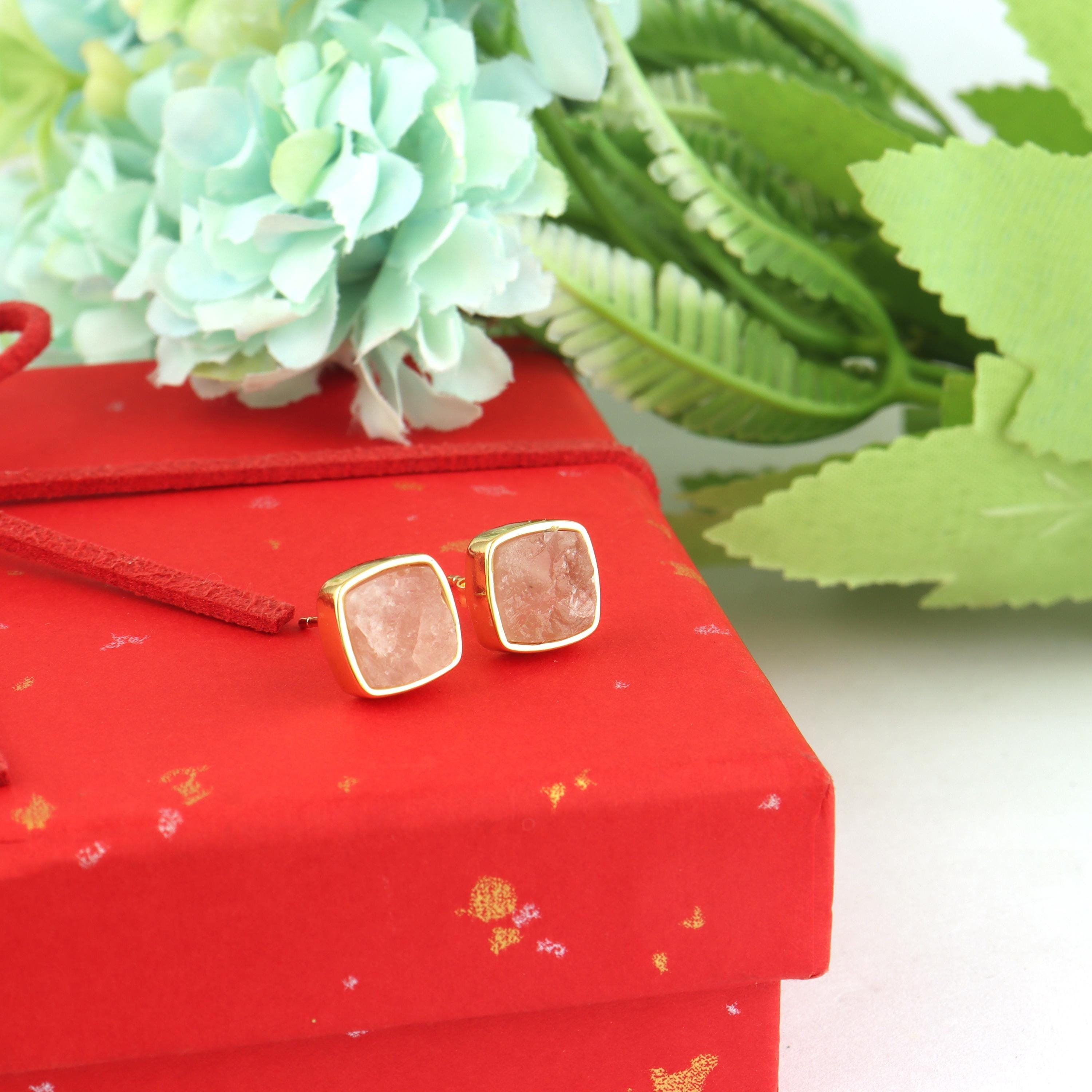 Square Rose Quartz Stud Earrings: 18k Gold Plated