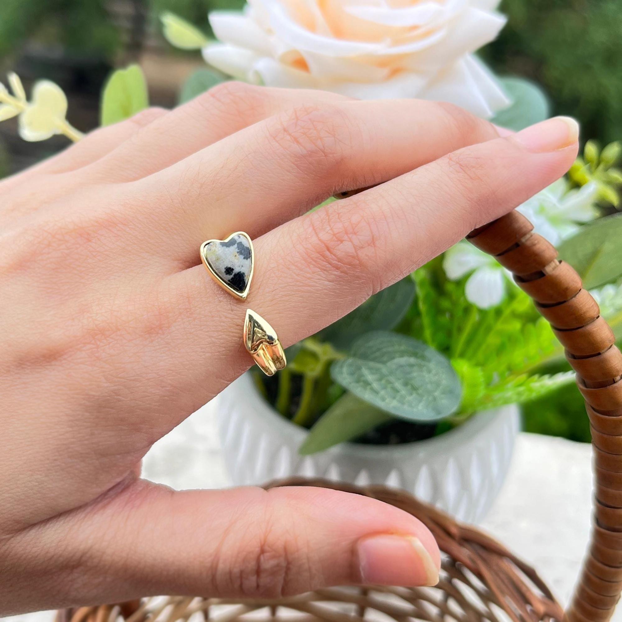 Gold Plated Open Heart Stone Adjustable Ring: Minimalist Heart Brass Ring