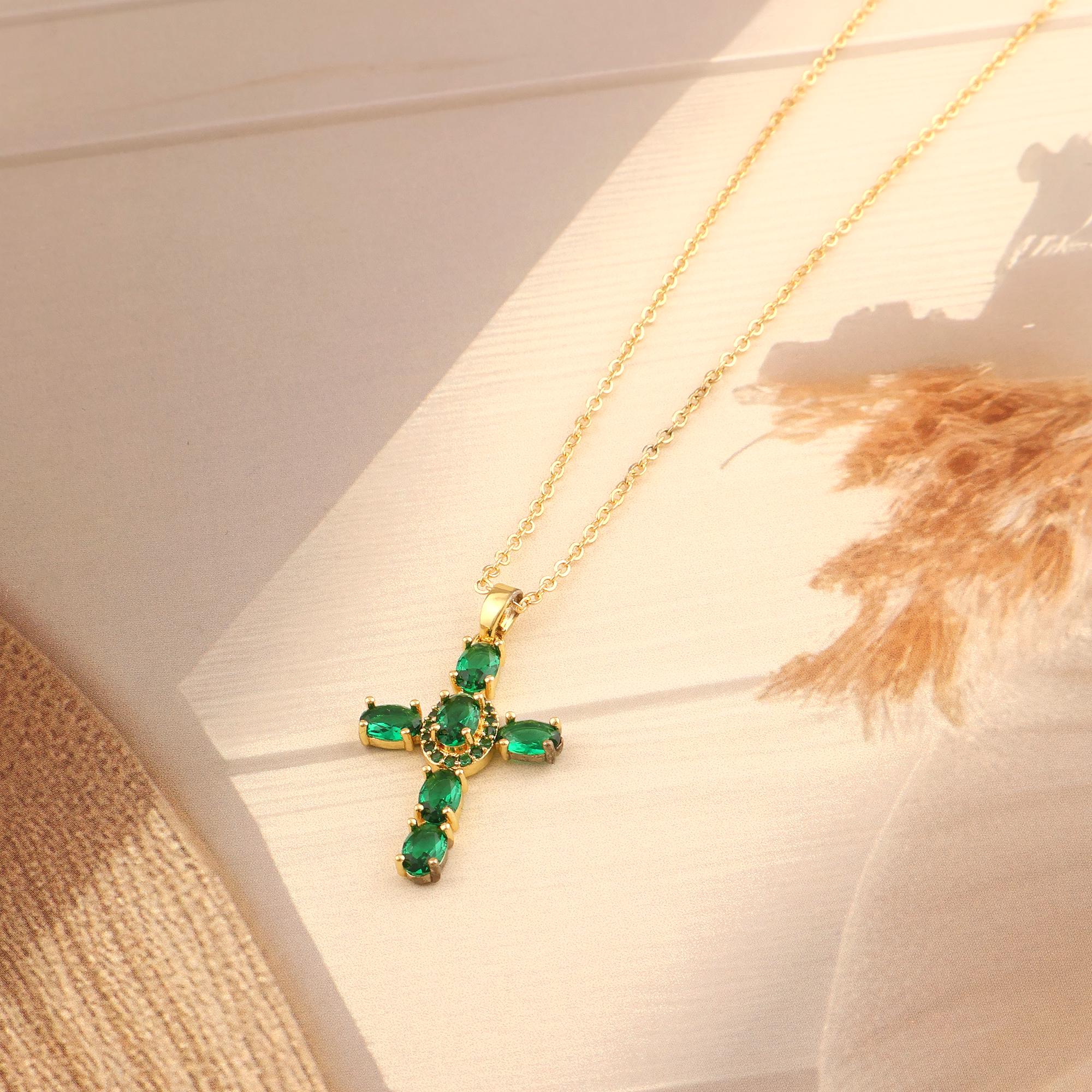 Green Emerald Quartz Cross Necklace: Gold Plated Oval Gemstone Pendant
