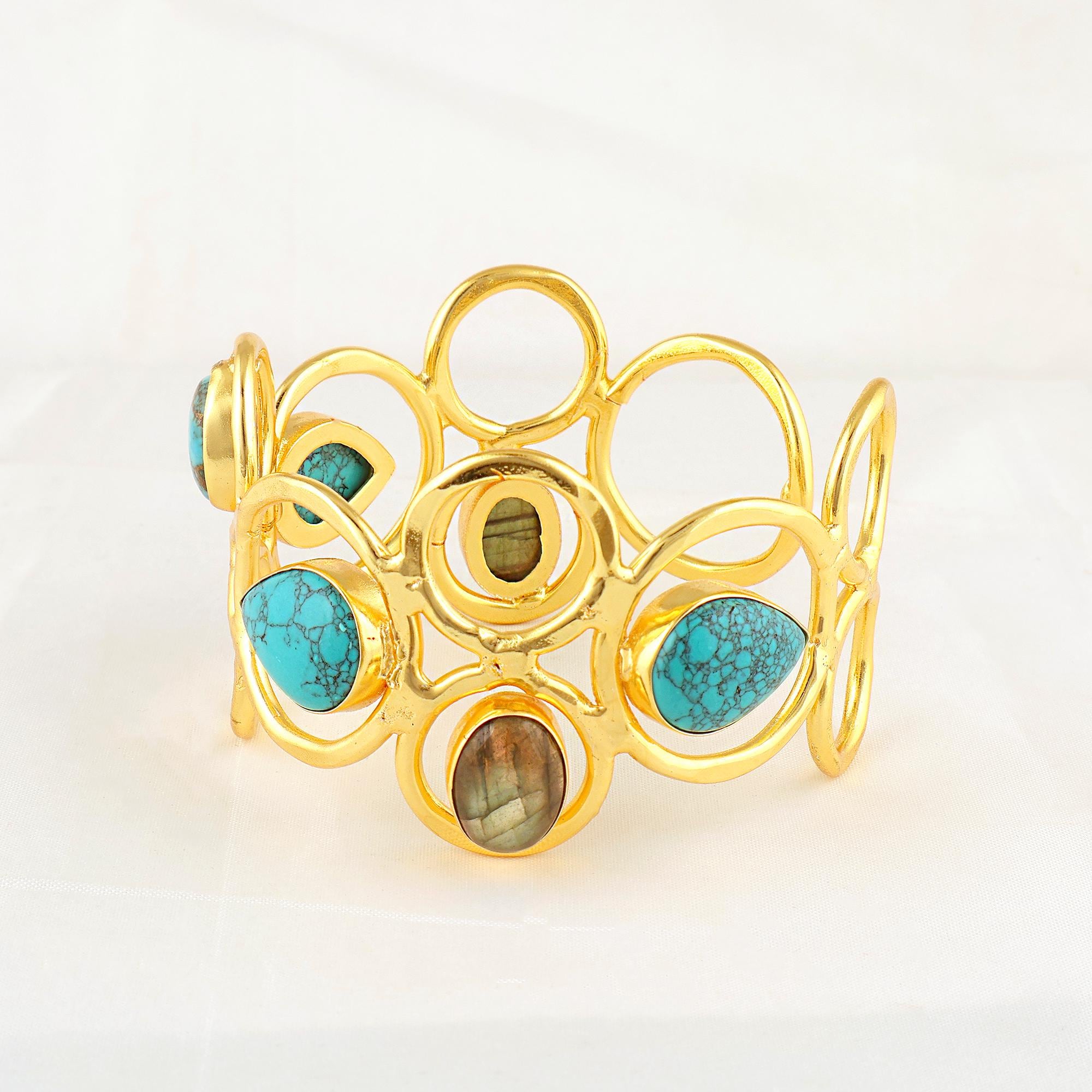 Turquoise Labradorite Gold Plated Cuff Bracelet - Modern Statement Bangle