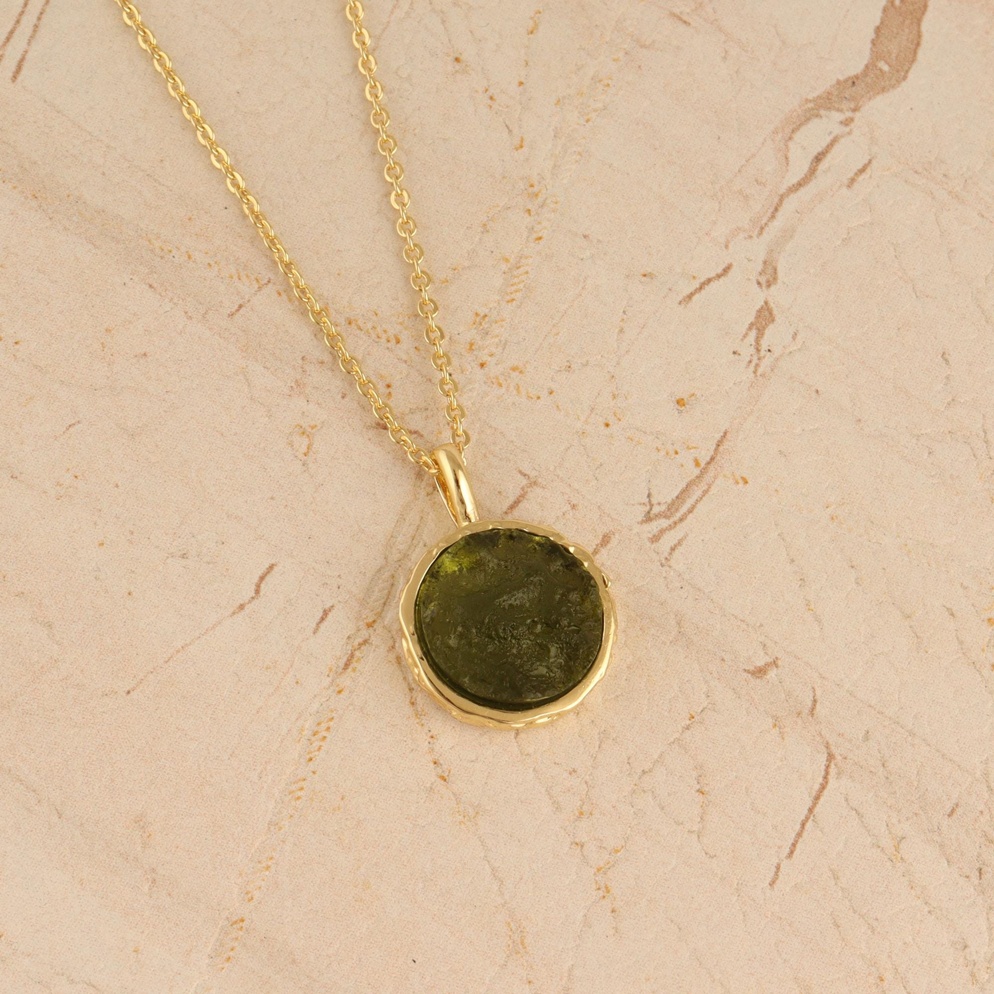 Raw Moldavite Pendant: 18k Gold-Plated Chain Necklace, Green Gemstone Jewelry