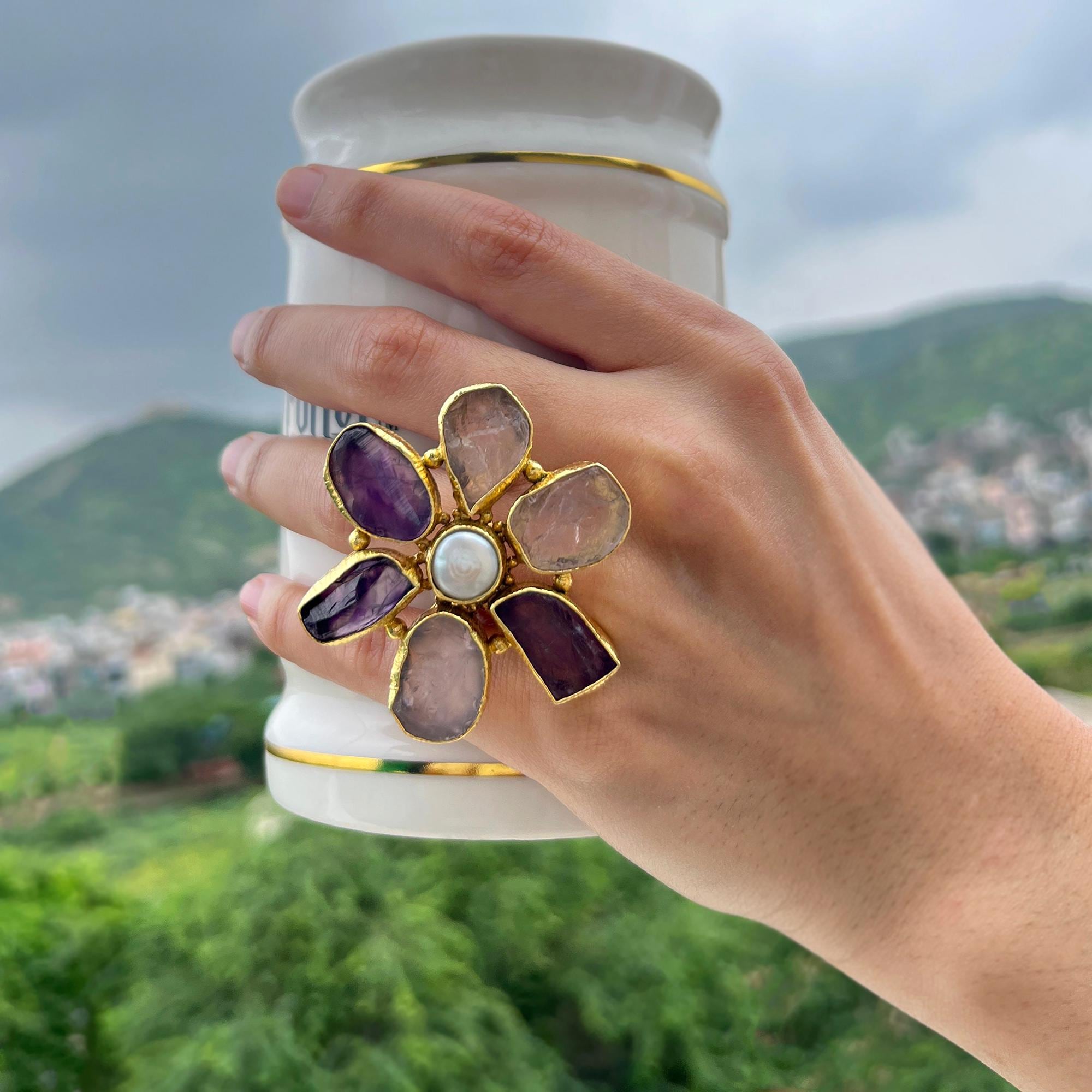 Rose Quartz Amethyst Ring: 18k Gold Pearl Flower Bridal Ring