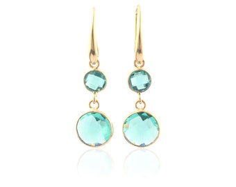 Apatite Earrings, 18k Gold Plated Bezel, Double Stone Faceted Gemstone