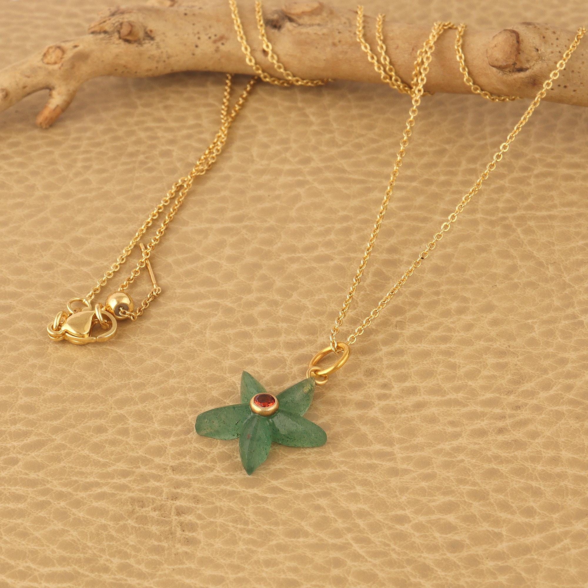 Handcarved Strawberry Quartz Starfish Pendant Necklace: 18k Gold Plated Floral Charm