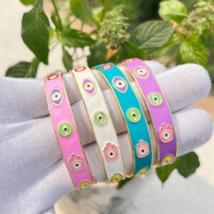 18k Gold Plated Evil Eye Bangle Bracelet - Adjustable Enamel Hamsa Hand Cuff