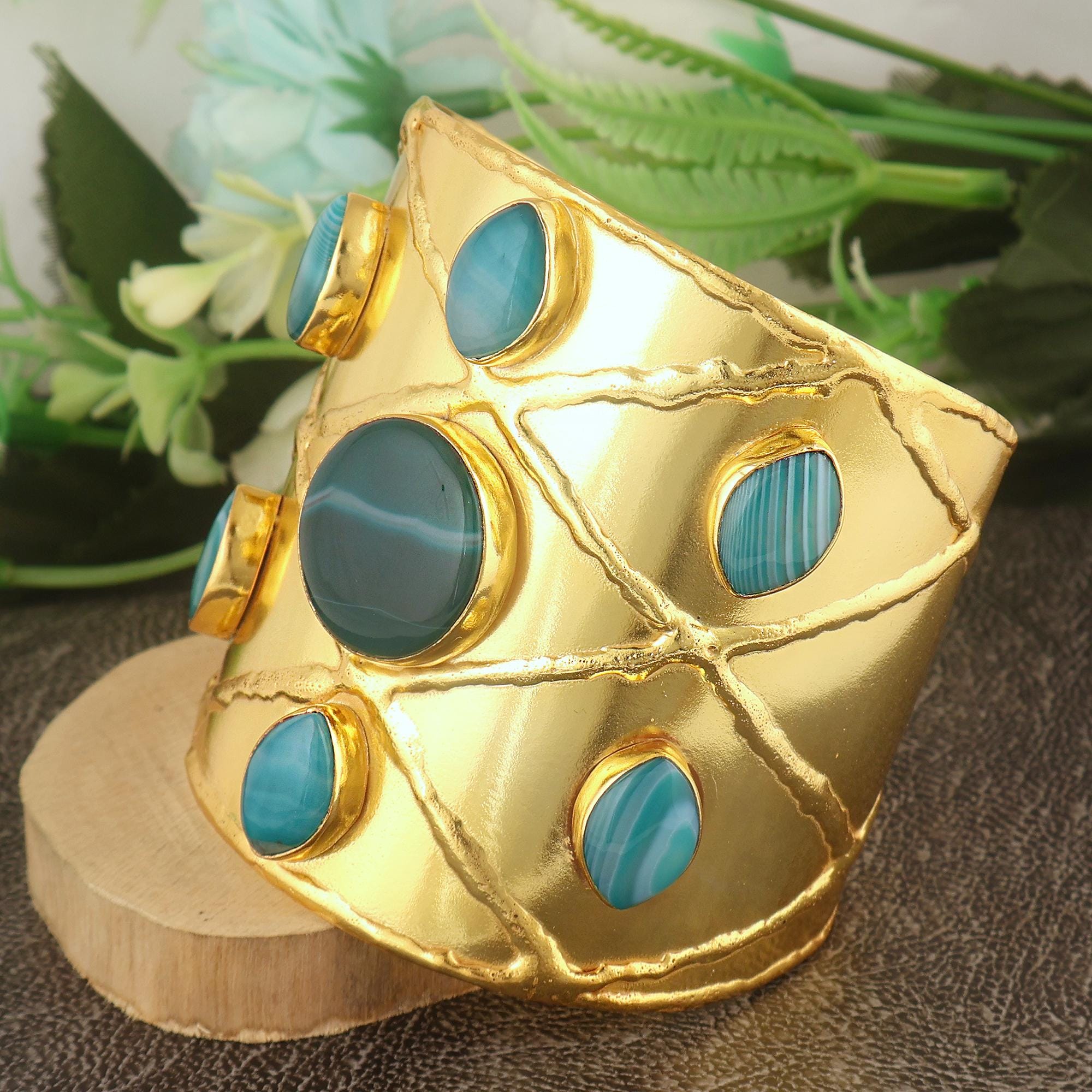 Natural Green Agate Wide Cuff Bracelet – Gold Plated Brass Statement Multi Stone Cabochon Cuff
