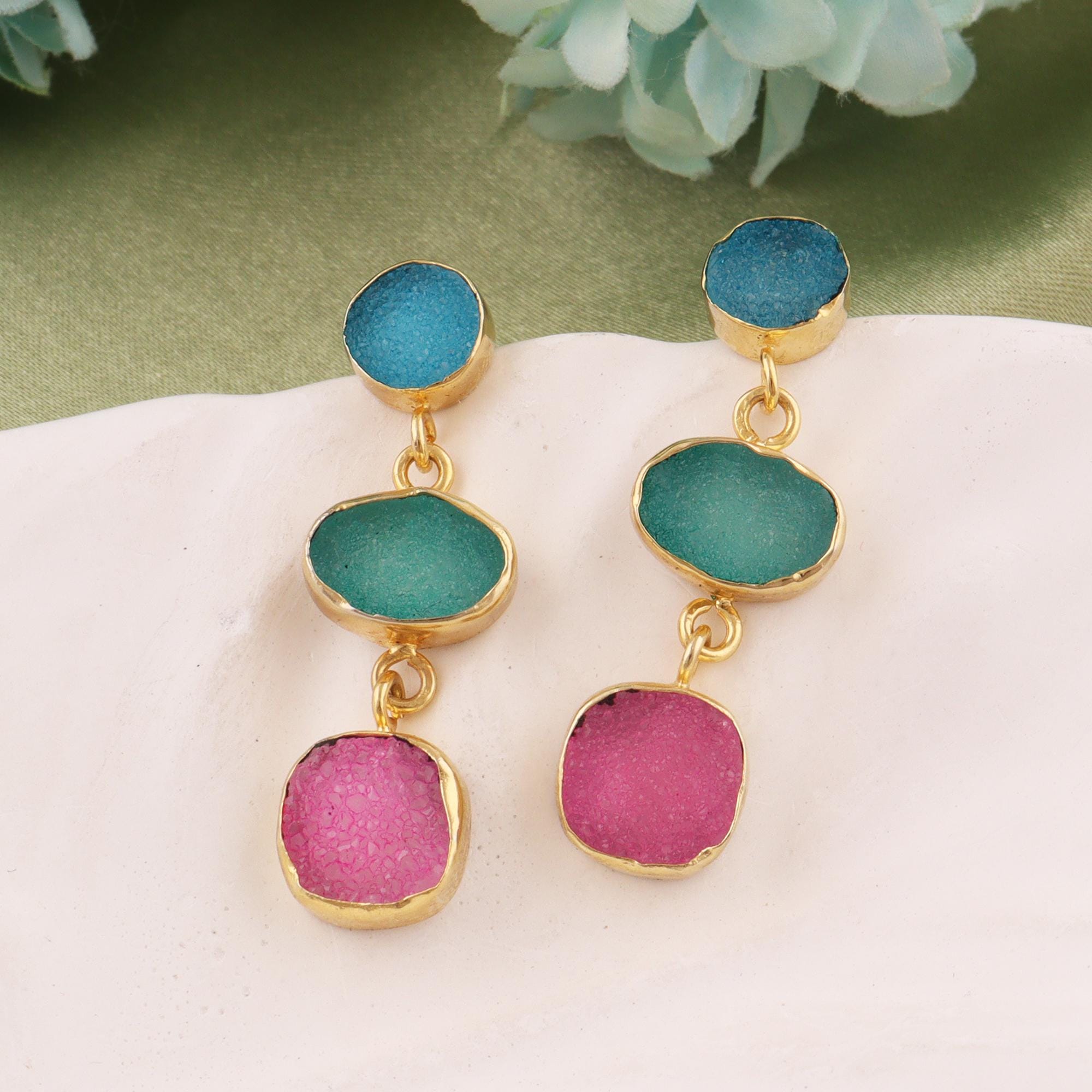 Sugar Druzy Dangle Earrings: Triple Raw Gemstone Colorful Drops