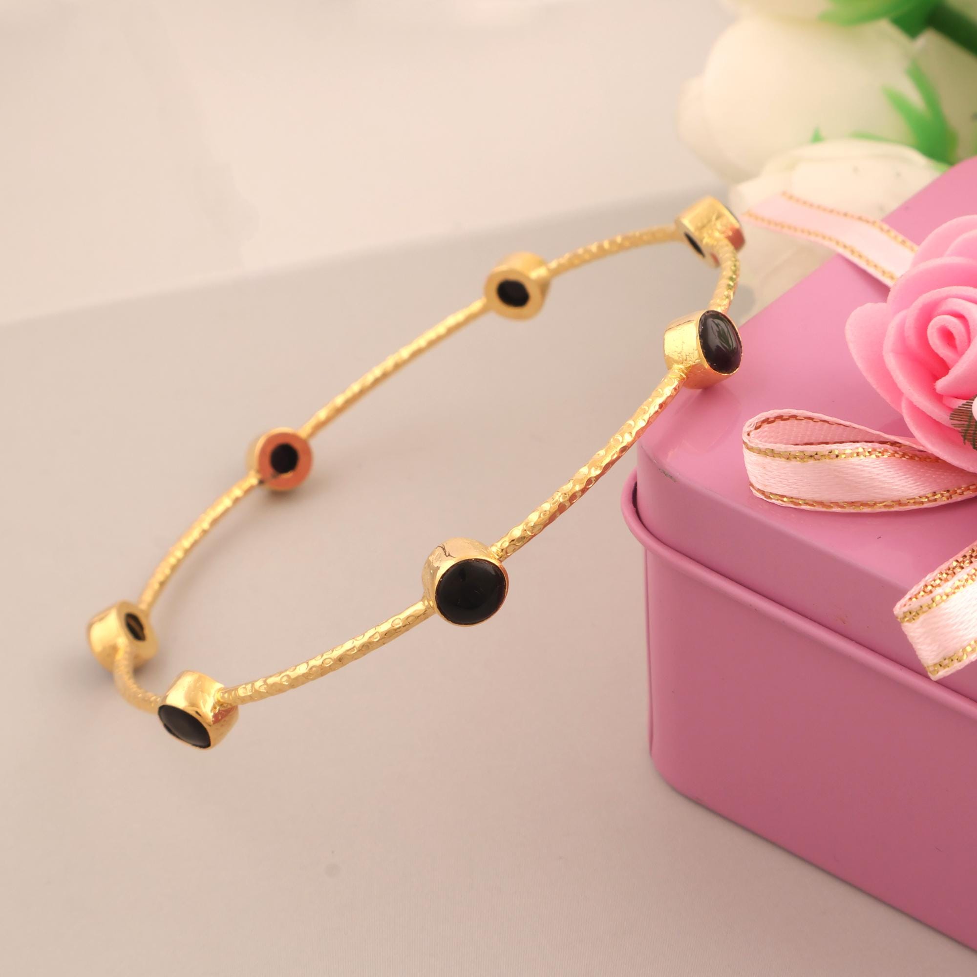Round Black Onyx Gold Plated Bangle: Bohemian Brass Gemstone Bracelet