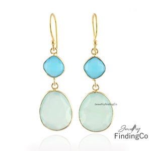 Aqua Chalcedony Drop Earrings: Gold Plated Gemstone Jewelry