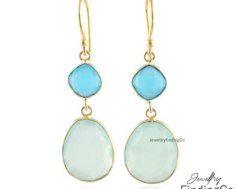 Aqua Chalcedony Drop Earrings: 18k Gold Plated Gemstone Jewelry
